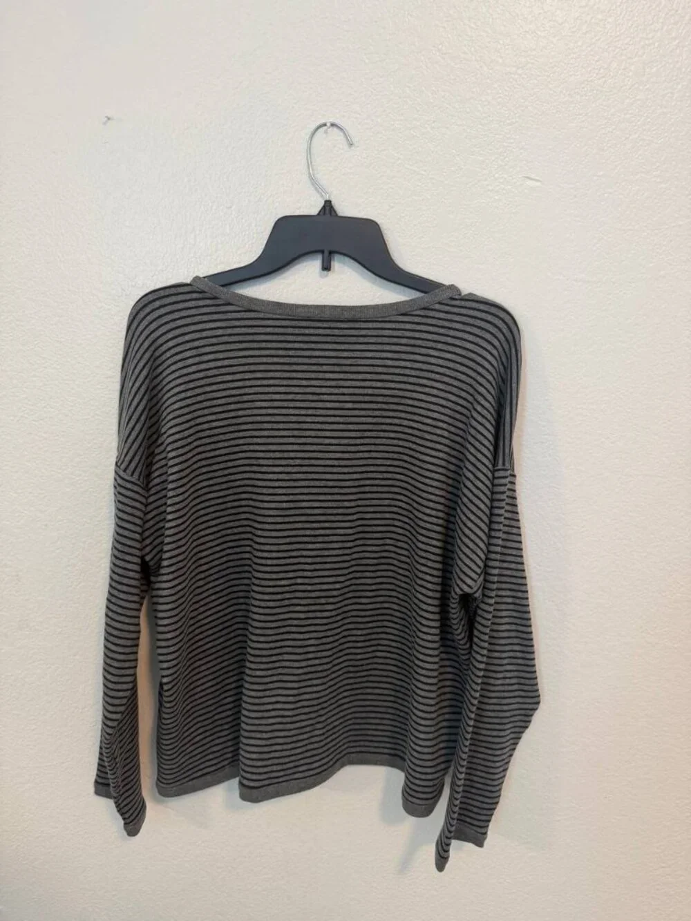 NWT Eileen Fisher Striped Cozy Brushed Terry Box Top Gray Black Size L